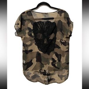 Love Culture Sheer Womens Camouflage Skull Top Sz L Blouse Shirt Army Halloween